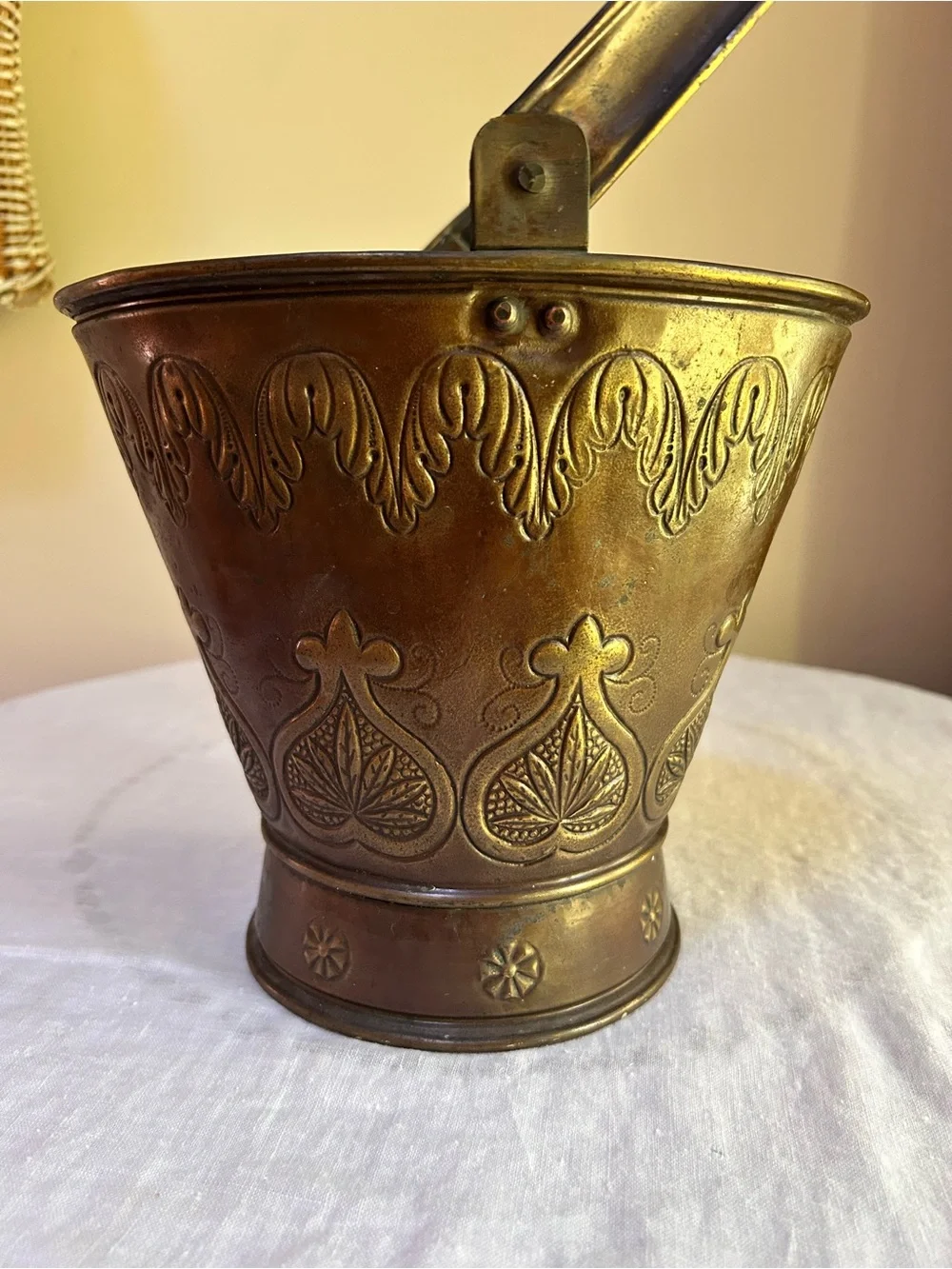 Vintage Mid-Century Embossed Brass Coal Bucket